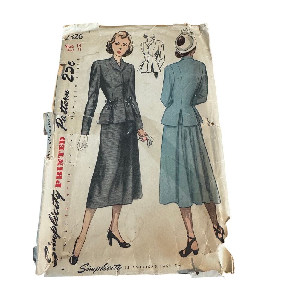 Vintage 1940s Simplicity Sewing Pattern 2326 Two Piece Suit Size 14 Bust 32